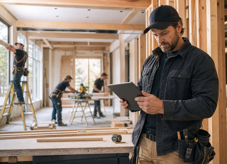 Foreperson coordinating an active residential construction job
