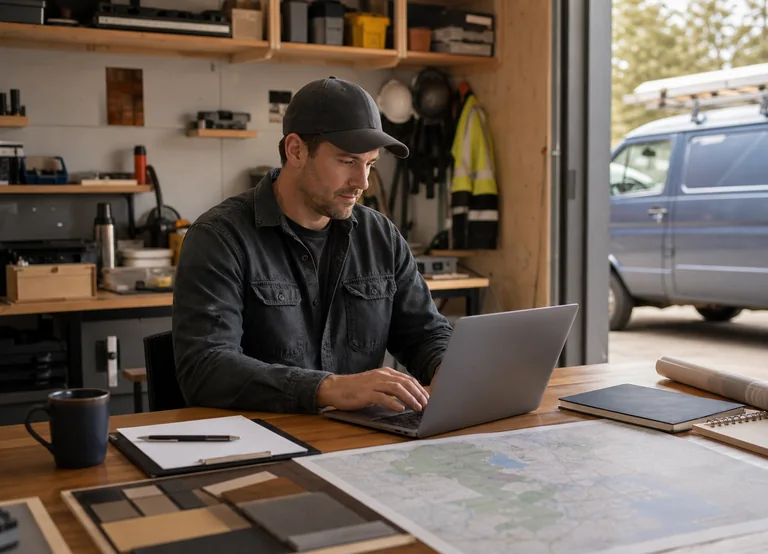Contractor setting up business information in a workshop office